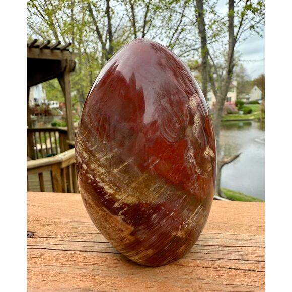 Large Polished Ocean Jasper Standing Freeform | Red, Ochre & Cream Banding - Picture 6 of 7